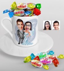 Kişiye Özel Evleniyoruz Karikatürlü Türk Kahvesi Fincanı ve Haribo Şeker Hediye Seti-5