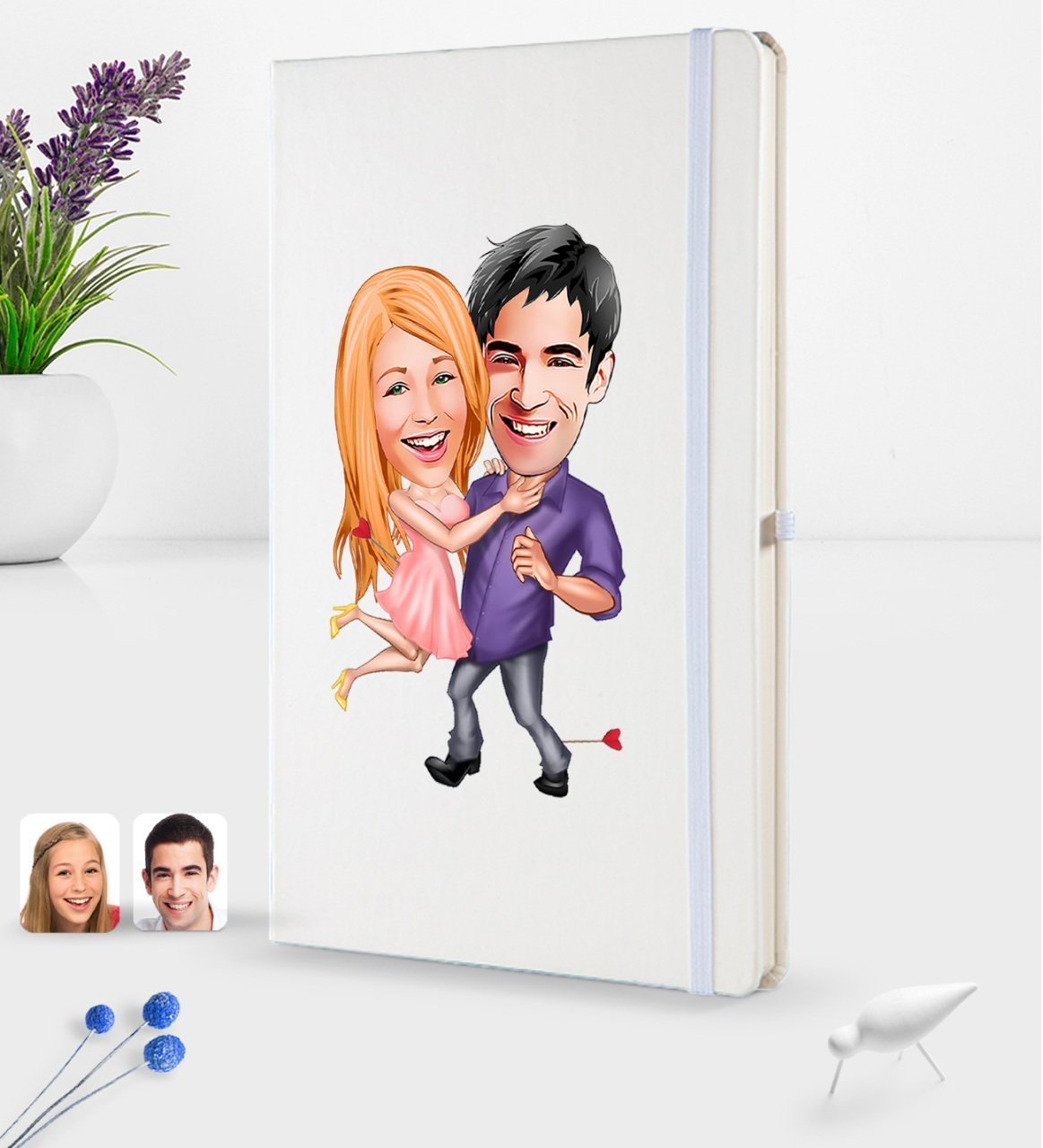 Kişiye Özel Sevgililer Karikatürlü Beyaz Termo Deri Defter 16x24cm Model 3