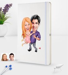 Kişiye Özel Sevgililer Karikatürlü Beyaz Termo Deri Defter 16x24cm Model 3