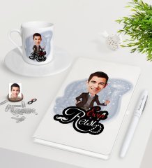 Kişiye Özel Evin Reisi Karikatürlü Beyaz Defter Kalem Türk Kahvesi Fincanı Seti-3