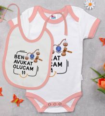 BK Kids Avukat Olucam Tasarımlı Pembe Bebek Body Zıbın ve Mama Önlüğü Hediye Seti-1