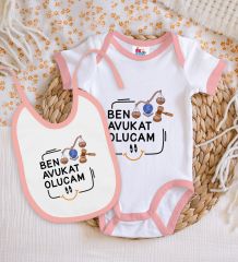 BK Kids Avukat Olucam Tasarımlı Pembe Bebek Body Zıbın ve Mama Önlüğü Hediye Seti-1