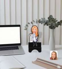 Kişiye Özel Kadın Göz Doktoru Karikatürlü Ahşap Biblo Telefon Standı-1