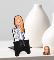 Kişiye Özel Kadın Göz Doktoru Karikatürlü Ahşap Biblo Telefon Standı-1