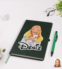 Kişiye Özel Kadın Mimar Karikatürlü Yeşil Termo Deri Defter Kalem Seti Model 1