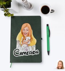 Kişiye Özel Kadın Mimar Karikatürlü Yeşil Termo Deri Defter Kalem Seti Model 1