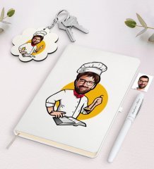 Kişiye Özel Erkek Chef Karikatürlü Beyaz Defter Kalem ve Anahtarlık Hediye Seti-12