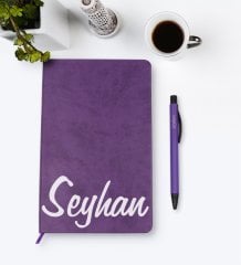 Kişiye Özel El Yazılı Mor Termo Deri Defter Kalem Seti Model 2