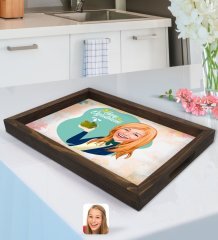 Kişiye Özel Kadın Sınıf Öğretmeni Karikatürlü Doğal Ahşap Tepsi-1