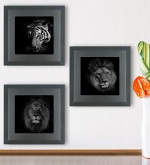 BK Gift Aslan ve Kaplan Tasarımlı 3’lü Ahşap Çerçeveli Taş Duvar Dekoru-57
