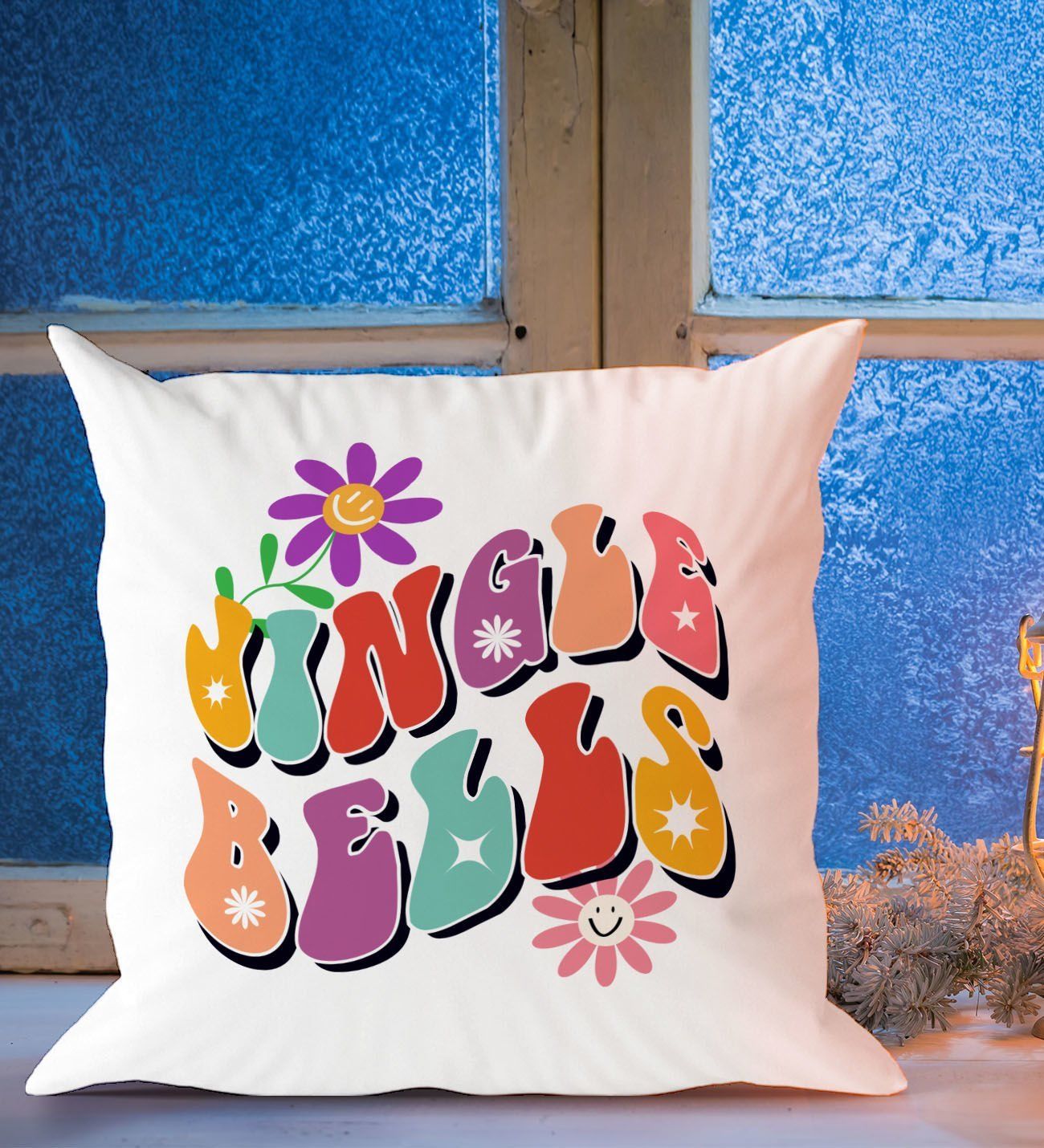 BK Gift Jingle Bells Tasarımlı Beyaz Yastık-1