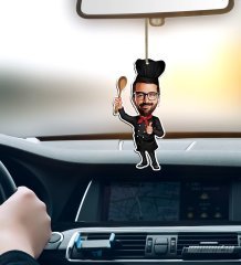 Kişiye Özel Bay Master Chef Karikatürlü Ahşap Araba Dikiz Ayna Süsü