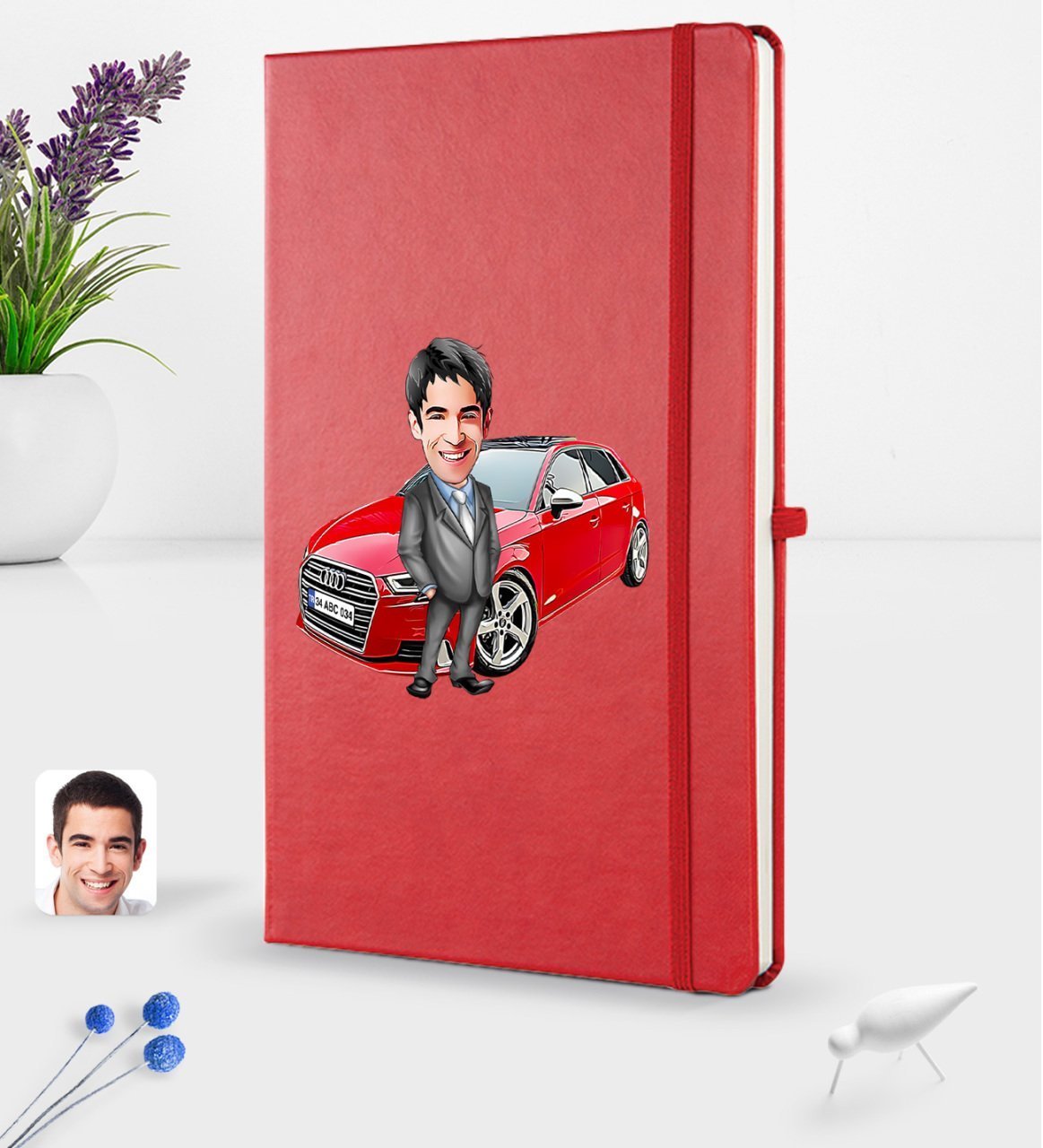 Kişiye Özel Plakalı Erkek Audi A3 Karikatürlü Kırmızı Termo Deri Defter 16x24cm Model 2