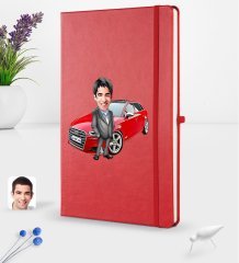 Kişiye Özel Plakalı Erkek Audi A3 Karikatürlü Kırmızı Termo Deri Defter 16x24cm Model 2