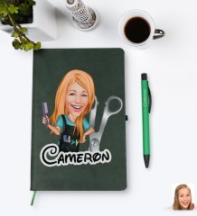 Kişiye Özel Kadın Kuaför Karikatürlü Yeşil Termo Deri Defter Kalem Seti Model 1
