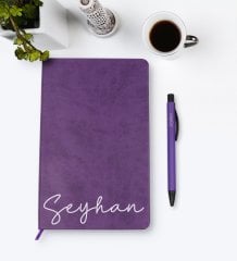 Kişiye Özel El Yazılı Mor Termo Deri Defter Kalem Seti Model 1