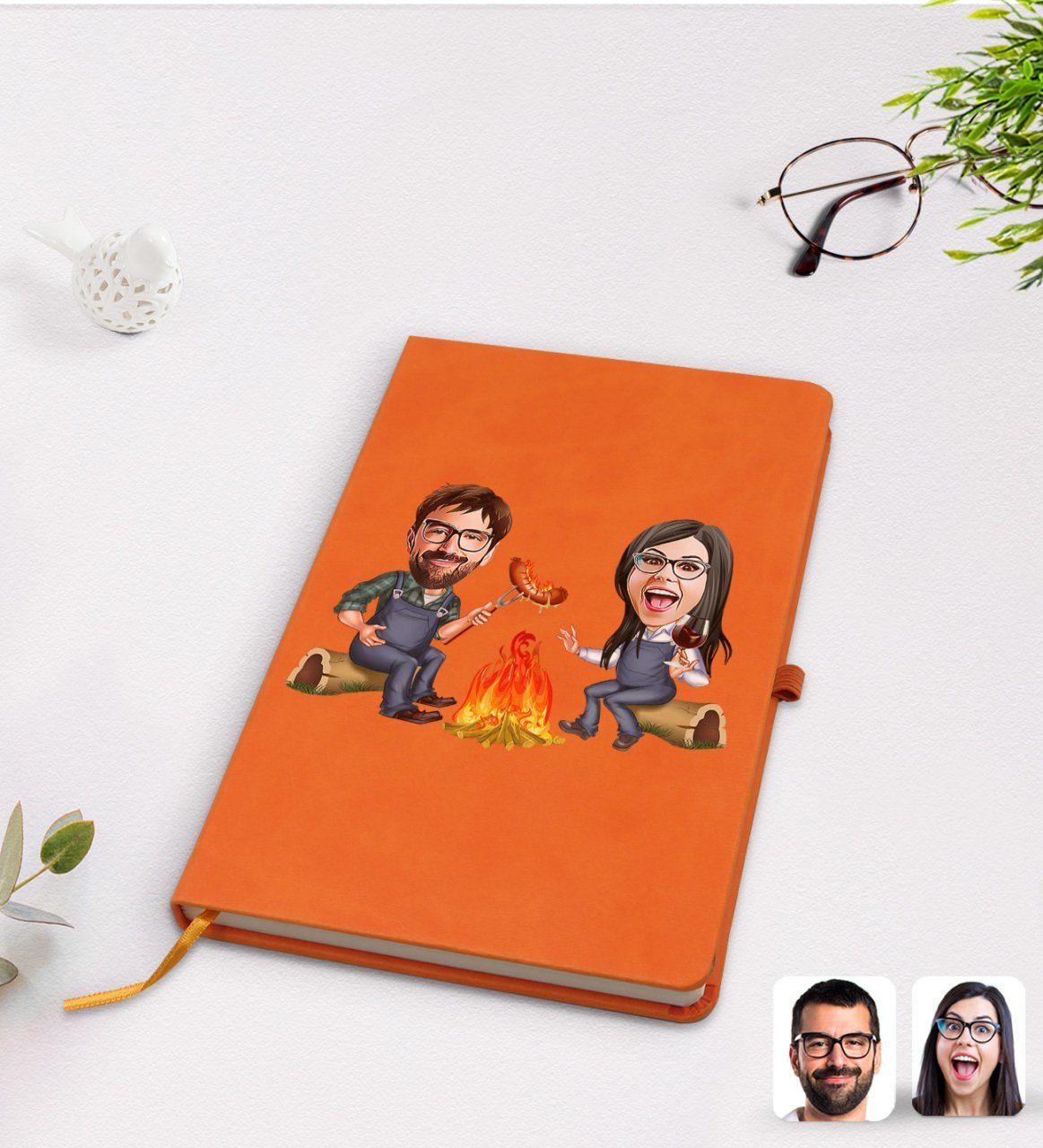 Kişiye Özel Sevgililer Karikatürlü Turuncu Termo Deri Defter Model 95