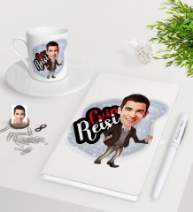 Kişiye Özel Evin Reisi Karikatürlü Beyaz Defter Kalem Türk Kahvesi Fincanı Seti-1