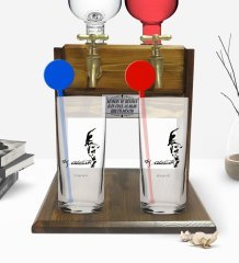 Kişiye Özel Renkli Baskılı Atatürk Temalı İkili Vodka Bardağı ve Çift Musluklu Doğal Ahşap Vodka Standı-21