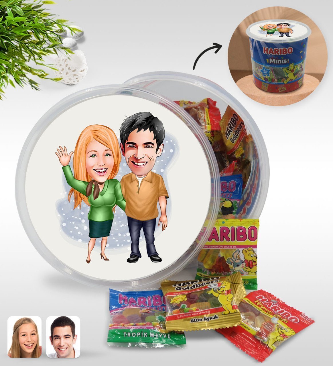 Kişiye Özel Sevgililer Karikatürlü Dev Boy Haribo Minis Kovası (10gx100adet) Model 110