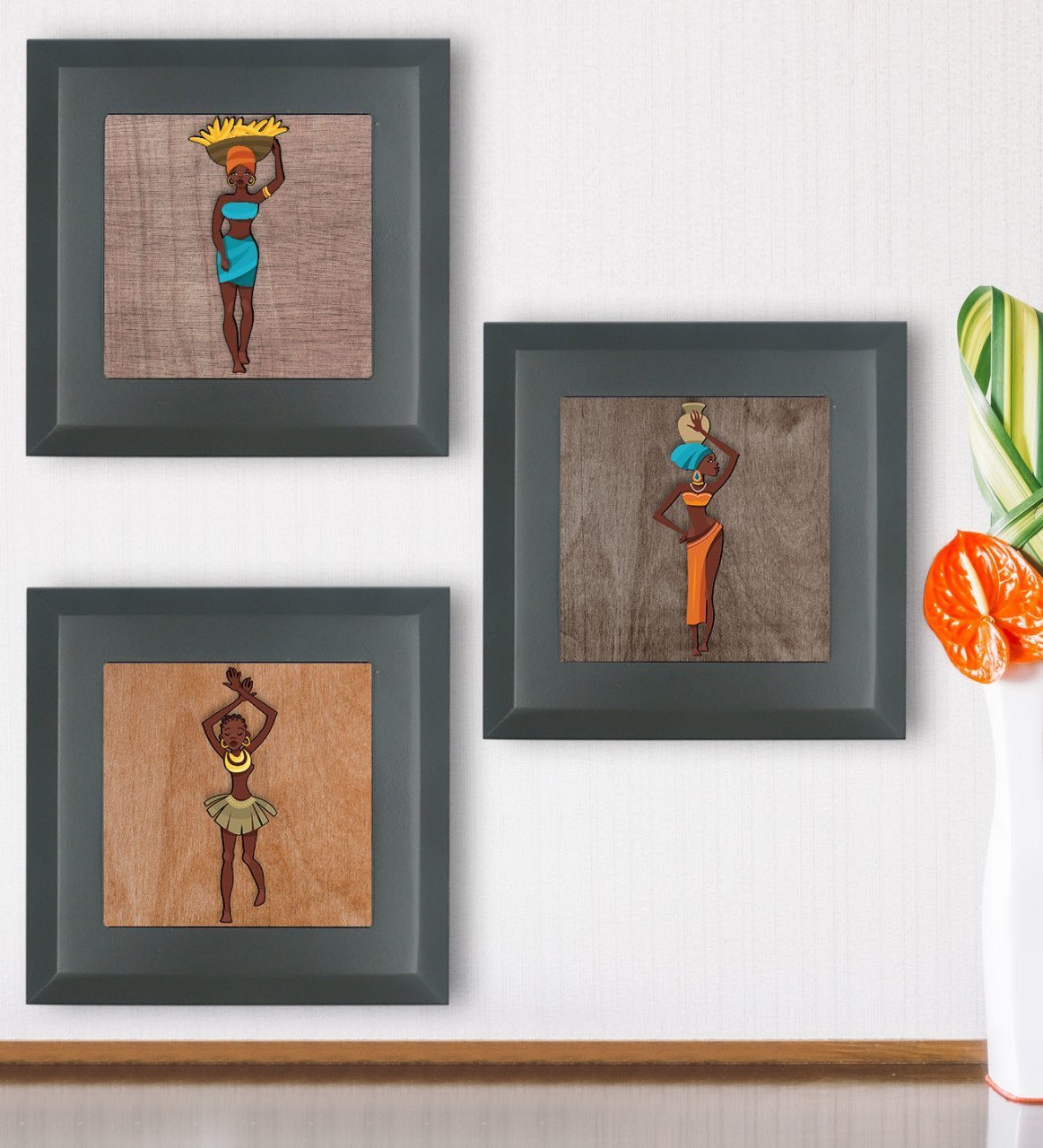 BK Gift African Woman Tasarımlı 3’lü Ahşap Çerçeveli Taş Duvar Dekoru-56