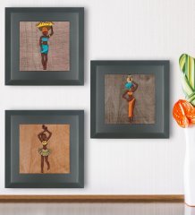 BK Gift African Woman Tasarımlı 3’lü Ahşap Çerçeveli Taş Duvar Dekoru-56