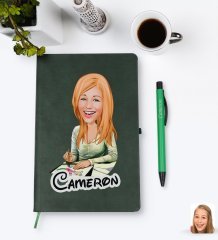 Kişiye Özel Kadın Grafik Tasarımcı Karikatürlü Yeşil Termo Deri Defter Kalem Seti Model 1