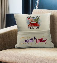 BK Gift Kişiye Özel Yılbaşı Tasarımlı Organizer Kumanda ve Atıştırmalık Cepli Krem Kırlent Yastık, Yılbaşı Hediyesi- 8, Yeni Yıl Hediyeleri