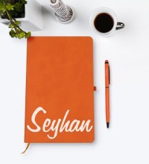 Kişiye Özel El Yazılı Turuncu Termo Deri Defter Kalem Seti Model 2