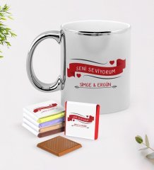Kişiye Özel Sevgililer Günü Krom Kupa ve Çikolata Hediye Seti-56