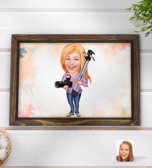 Kişiye Özel Kadın Fotoğrafçı Karikatürlü Doğal Ahşap Tepsi-1
