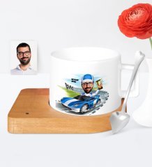 Kişiye Özel Rallici Karikatür Ahşap Altlıklı Seramik Fincan - 1
