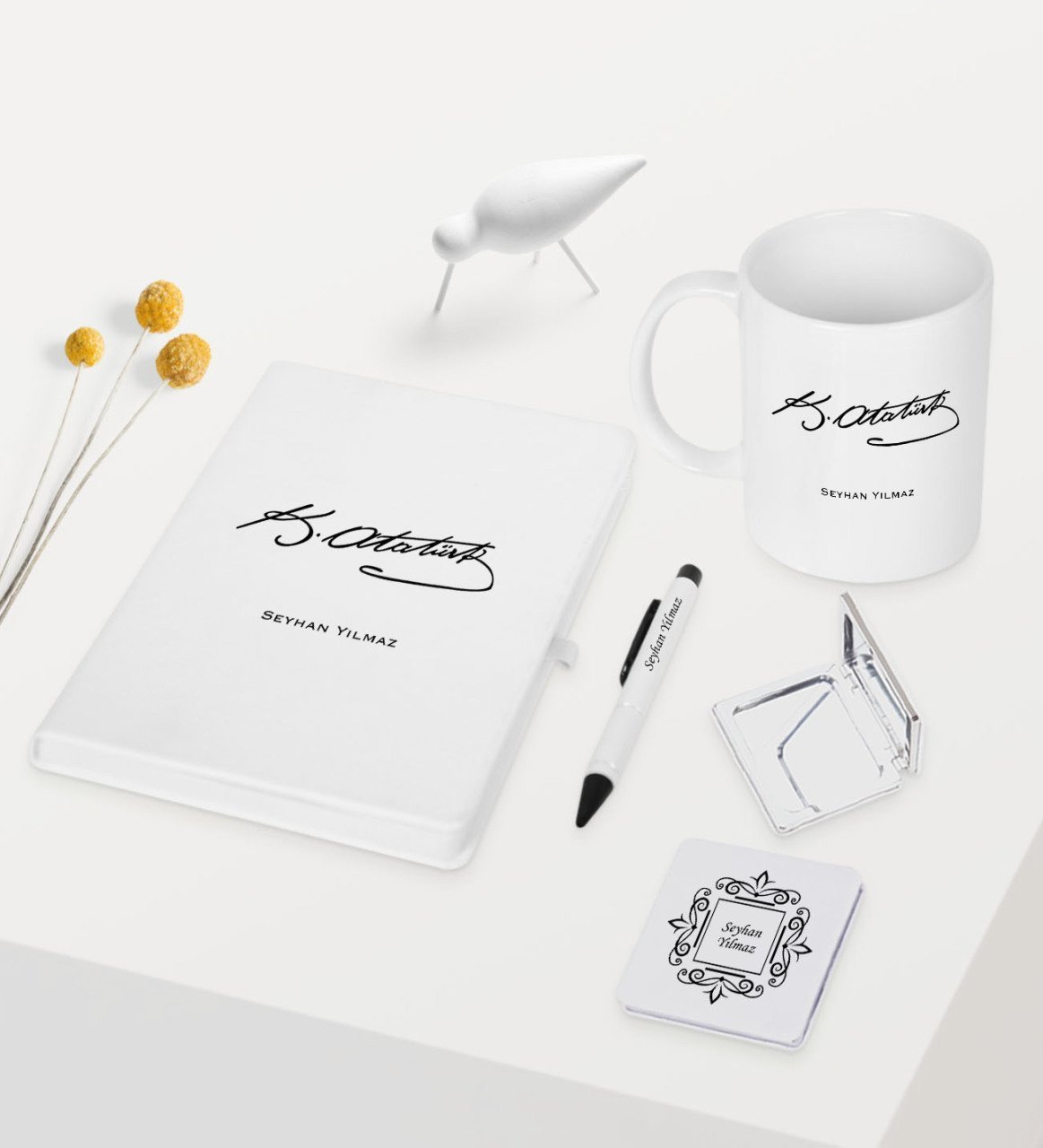 Kişiye Özel Atatürk Temalı Beyaz Defter Kalem Kupa Ayna Seti - 6