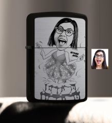 Kişiye Özel Bayan Doğum Günü Karikatürlü Benzinli Siyah Metal Çakmak - 1