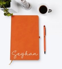 Kişiye Özel El Yazılı Turuncu Termo Deri Defter Kalem Seti Model 1
