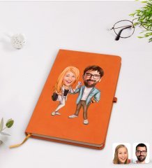 Kişiye Özel Sevgililer Karikatürlü Turuncu Termo Deri Defter Model 93