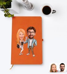 Kişiye Özel Sevgililer Karikatürlü Turuncu Termo Deri Defter Model 93