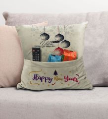 BK Gift Kişiye Özel Yılbaşı Tasarımlı Organizer Kumanda ve Atıştırmalık Cepli Krem Kırlent Yastık, Yılbaşı Hediyesi- 6, Yeni Yıl Hediyeleri