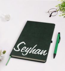 Kişiye Özel El Yazılı Yeşil Termo Deri Defter Kalem Seti Model 2