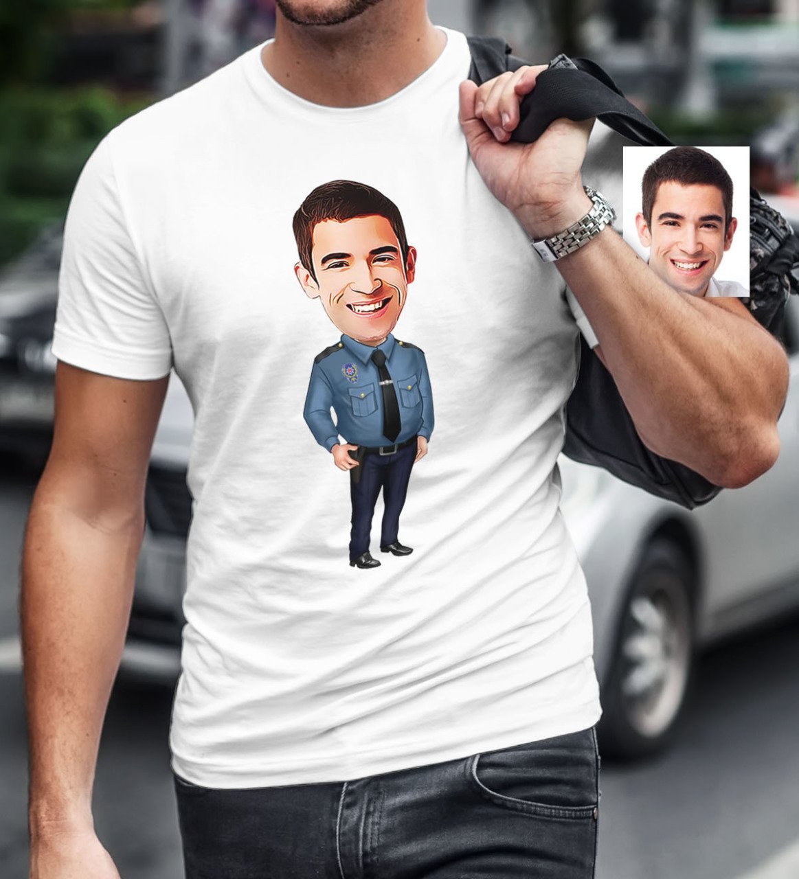 Kişiye Özel Bay Polis Karikatür Beyaz Tişört - 3