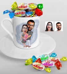 Kişiye Özel Bebek Sürprizi Karikatürlü Türk Kahvesi Fincanı ve Haribo Şeker Hediye Seti