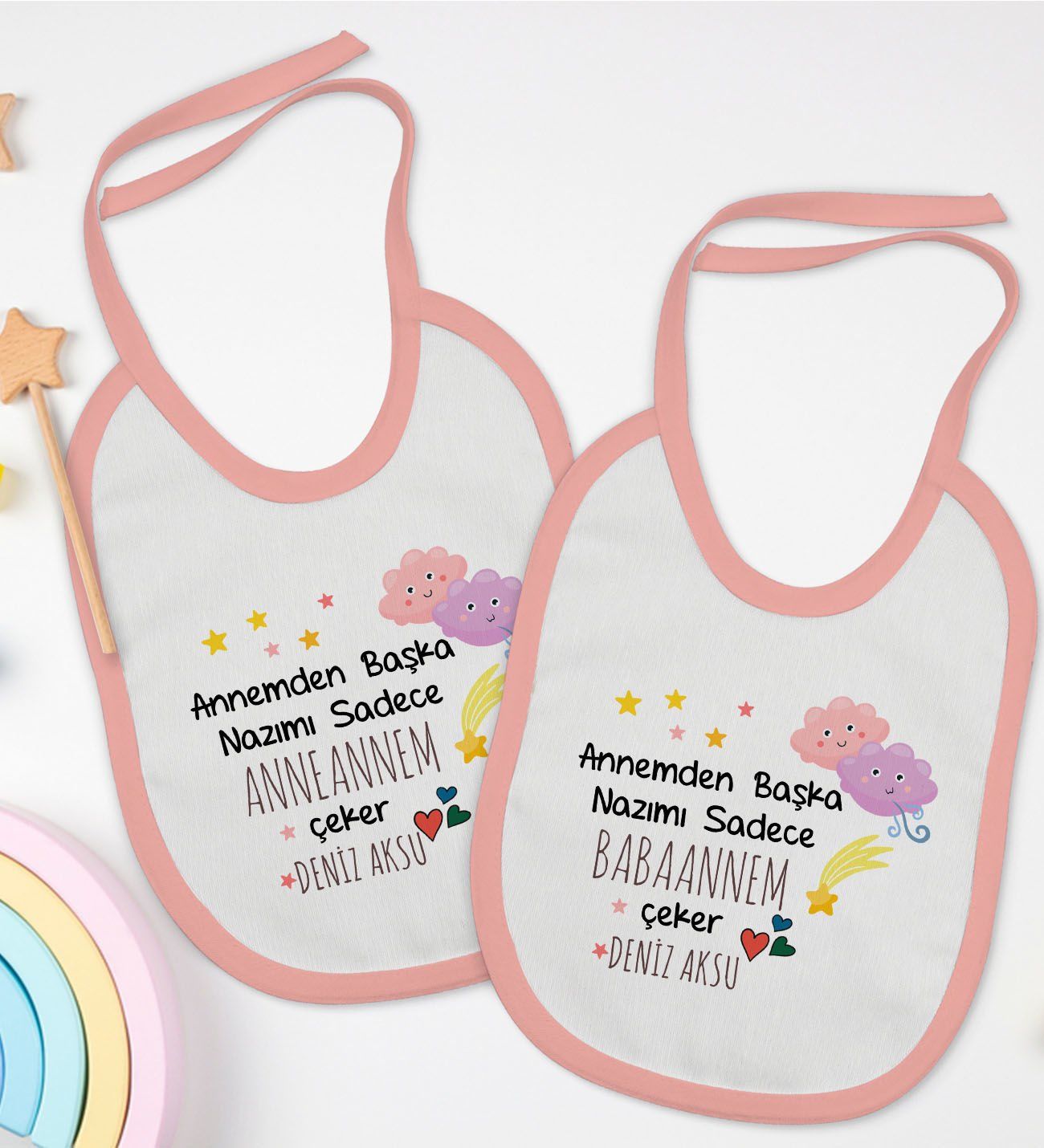BK Kids Kişiye Özel Anneanne ve Babaanne Tasarımlı 2’li Pembe Mama Önlüğü-1