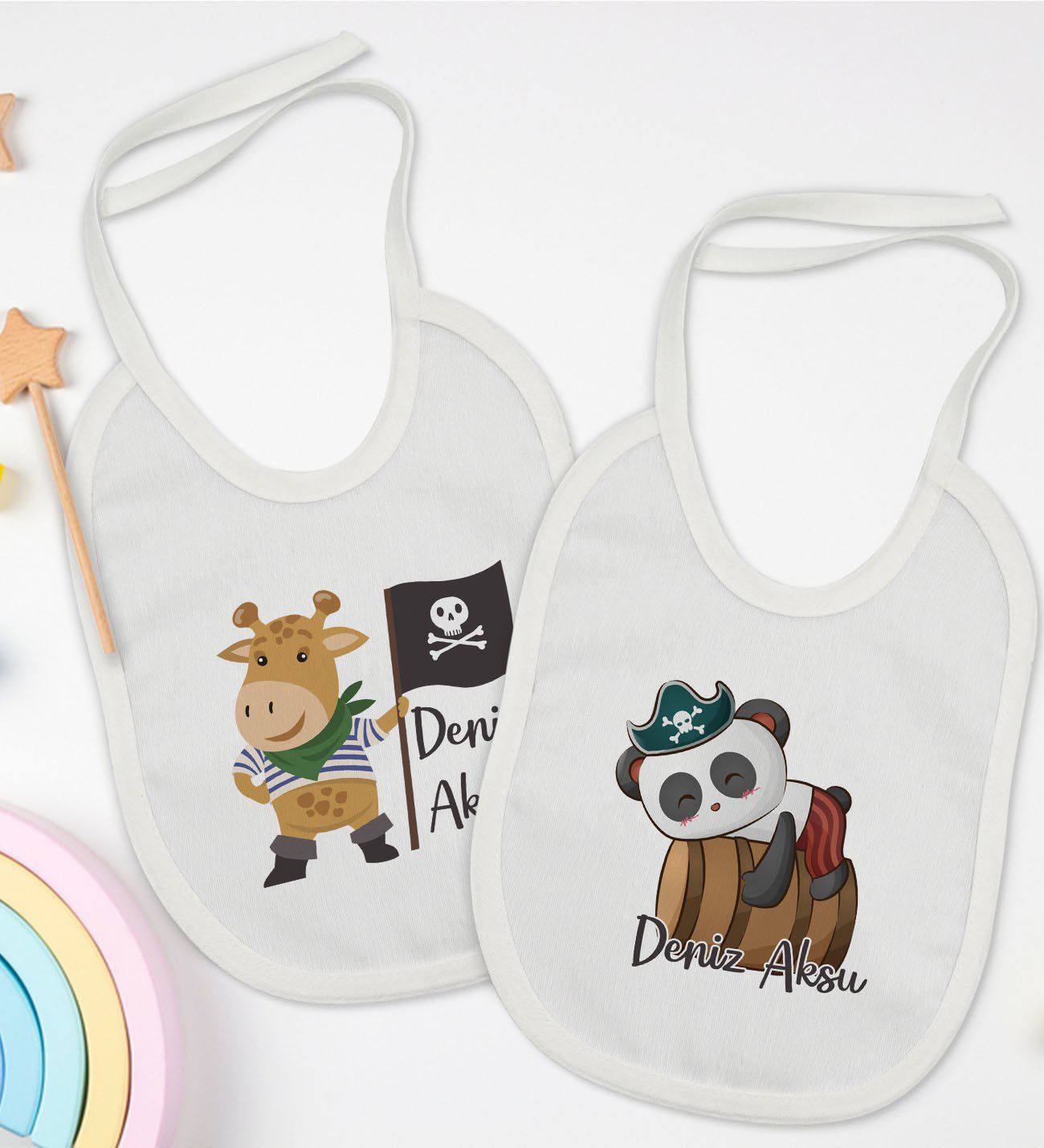 BK Kids Kişiye Özel Sevimli Korsan Tasarımlı 2’li Beyaz Mama Önlüğü-1