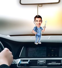Kişiye Özel Bay Doktor Karikatürlü Ahşap Araba Dikiz Ayna Süsü-3