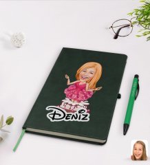 Kişiye Özel Kadın Doğum Günü Karikatürlü Yeşil Termo Deri Defter Kalem Seti Model 1