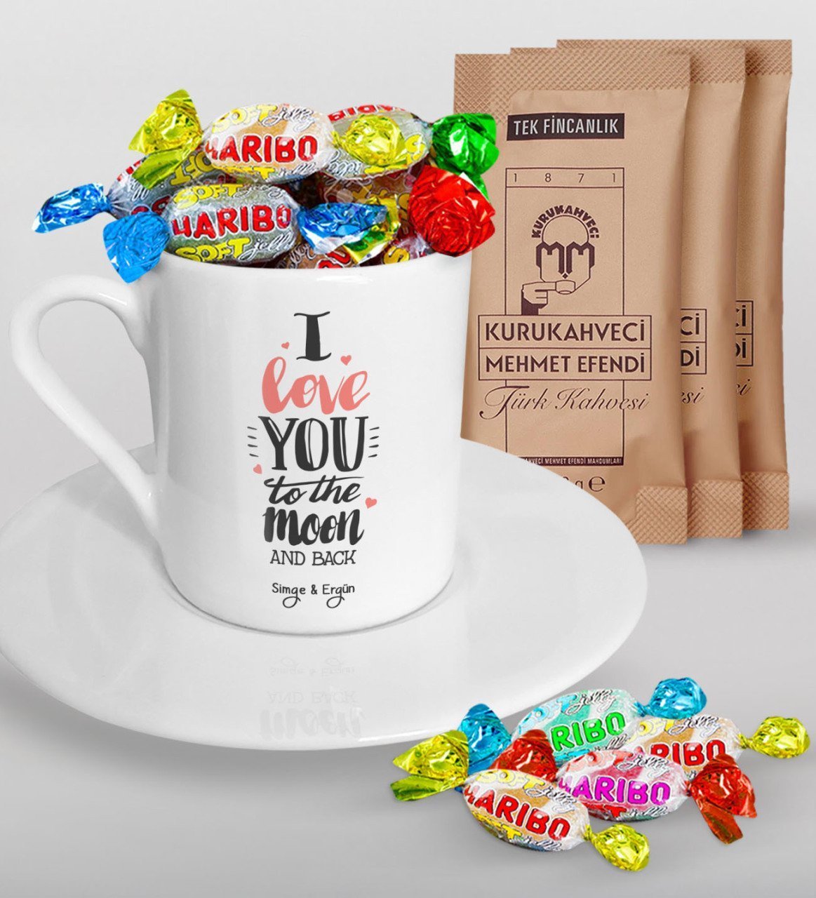 Kişiye Özel Sevgililer Günü Türk Kahvesi Fincanı Mehmet Efendi Kahve ve Haribo Şeker Hediye Seti-86