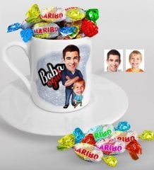Kişiye Özel Baba-Oğul Karikatürlü Türk Kahvesi Fincanı ve Haribo Şeker Hediye Seti-5