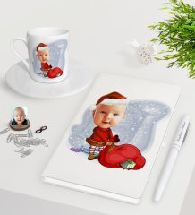 Kişiye Özel Bebek Karikatürlü Beyaz Defter Kalem Türk Kahvesi Fincanı Seti-6