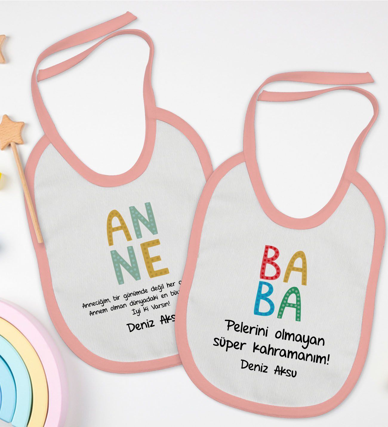 BK Kids Kişiye Özel Anne ve Baba Tasarımlı 2’li Pembe Mama Önlüğü-5