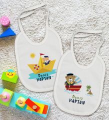 BK Kids Kişiye Özel Sevimli Kaptan Tasarımlı 2’li Beyaz Mama Önlüğü-1